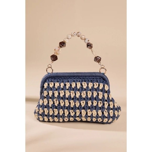 Altar'd State Handbags - Altar'd State Woven Straw Clutch Navy Blue Cream Beaded Resin Handle Handbag